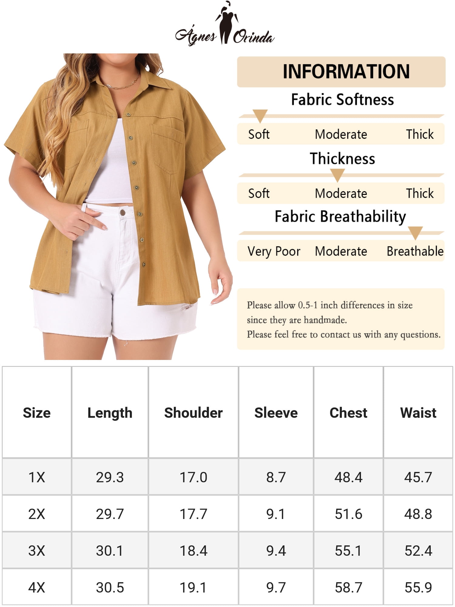DARING DIVA Women's Plus Blouse Chest Pocket Button Down Demin Shirt 4X Light Brown