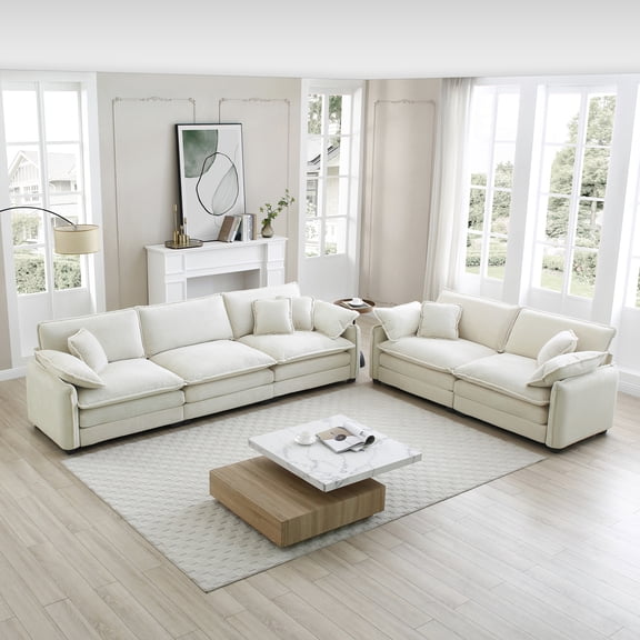 LifeSky Deep Seat Sofa Set with Memory Foam Cushions for Family Movie Night: 5-Seat Comfort for 4 Hours - Beige Corduroy Living Room Sofa - Easy 25-Minute Assembly Included