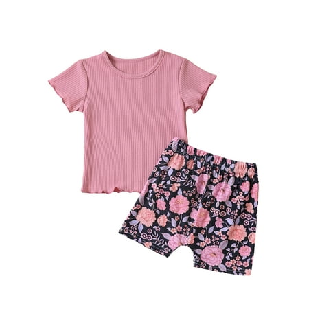 

Suanret Toddler Kids Girls Summer 2Pcs Outfits Casual Waffle Short Sleeve T-Shirt Elastic Floral Shorts Clothes Sets Pink Purple 3-4 Years