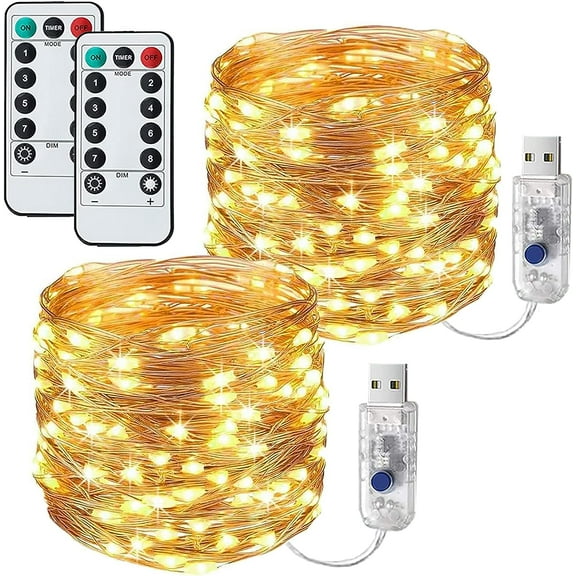 USB Operated Copper Fairy Lights, 2 Pack 16Ft 50 LED Outdoor Fairy String Lights with Remote, 8 Modes Silver Wire Twinkle Lights for Bedroom, Dorm, Patio, Christmas, Party, Indoor (Warm White)