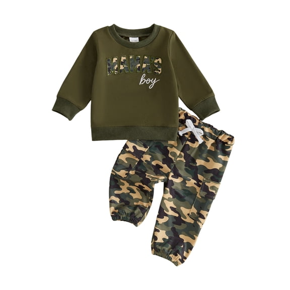 Loicainy Baby Toddler Boys Fall Outfits 12 18 24 Months 2T 3T 4T 5T Long Sleeve Letter Embroidery Pullover Camouflage Pants Clothes Set