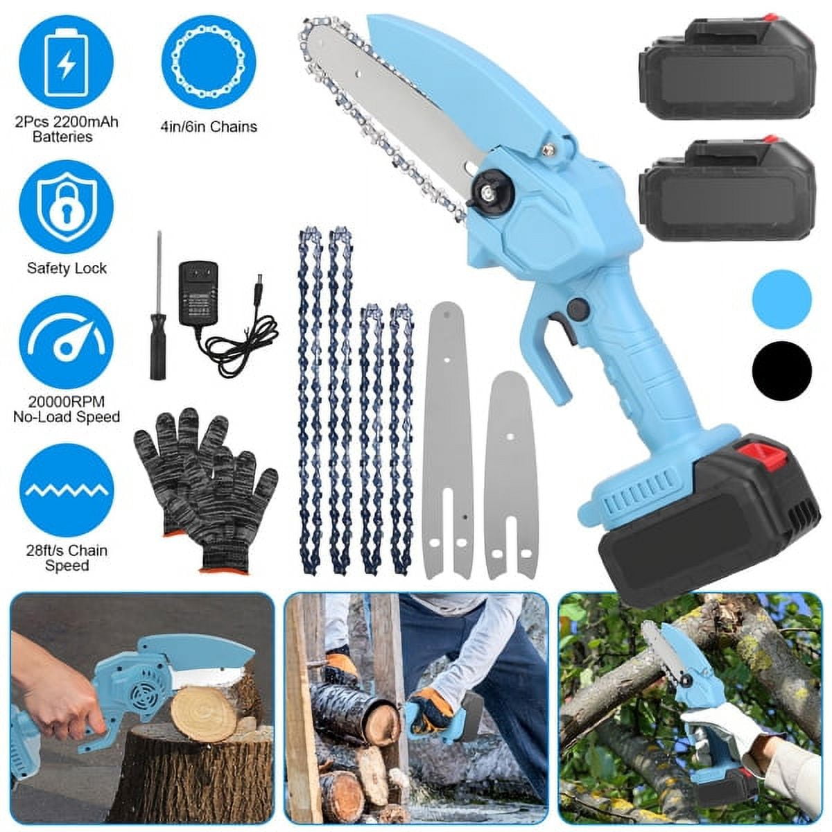 4" & 6" Cordless Mini Chainsaw Set - 20000RPM with 2 Batteries, 2 Chains & Safety Gloves, Electric Brushless Saw for Wood/Tree Cutting, Blue