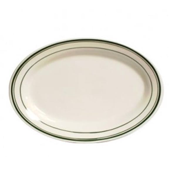 Tuxton China TGB-033 Green Bay 7 in. x 4.63 in. Wide Rim Rolled Edge Oval Platter - American White with Green Band - 3 Dozen