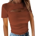 thumbnail image 1 of Gibobby Blusa Casual Para Mujer Camiseta de manga corta con cuello redondo para mujer, de color liso, camiseta informal ajustada ahuecada（Marrón， M), 1 of 4