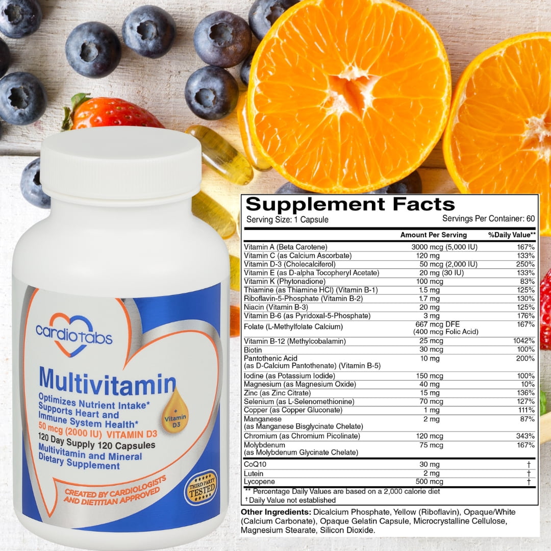 Cardiotabs Multivitamin - 120 Day Supply - Packed with Natural Antioxidants and 2000 IU Vitamin D3