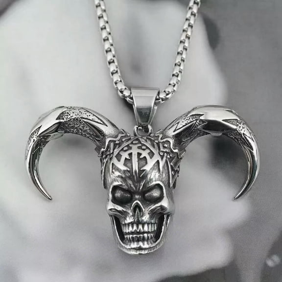HOOUN Men Silver Horns Skull Pendant Necklace Gothic Punk Retro Rock Jewelry Chain 24"