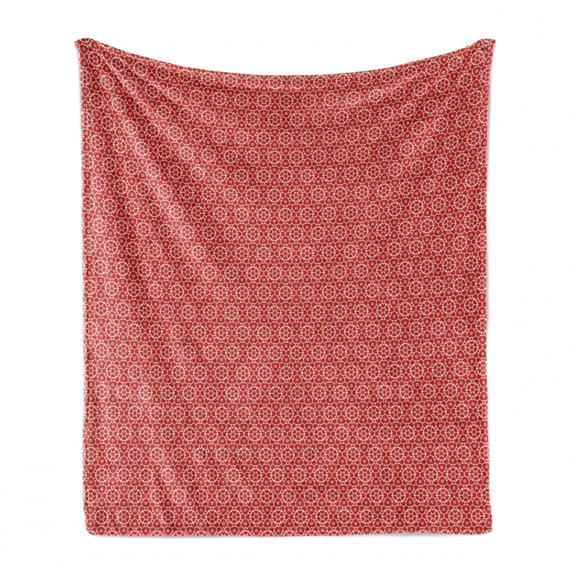 Lattice Soft Flannel Fleece Throw Blanket, Complex and Geometric Ornament Illustration with Abstract Floral Motifs, Cozy Plush for Indoor and Outdoor Use, 70" x 90", Vermilion and White, by Ambesonne