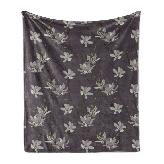 Magnolia Soft Flannel Fleece Blanket, Blossoming Tree Branches Revival of Spring Season Flourish Essence Growth, Cozy Plush for Indoor and Outdoor Use, 50" x 60", Eggplant Multicolor, by Ambesonne