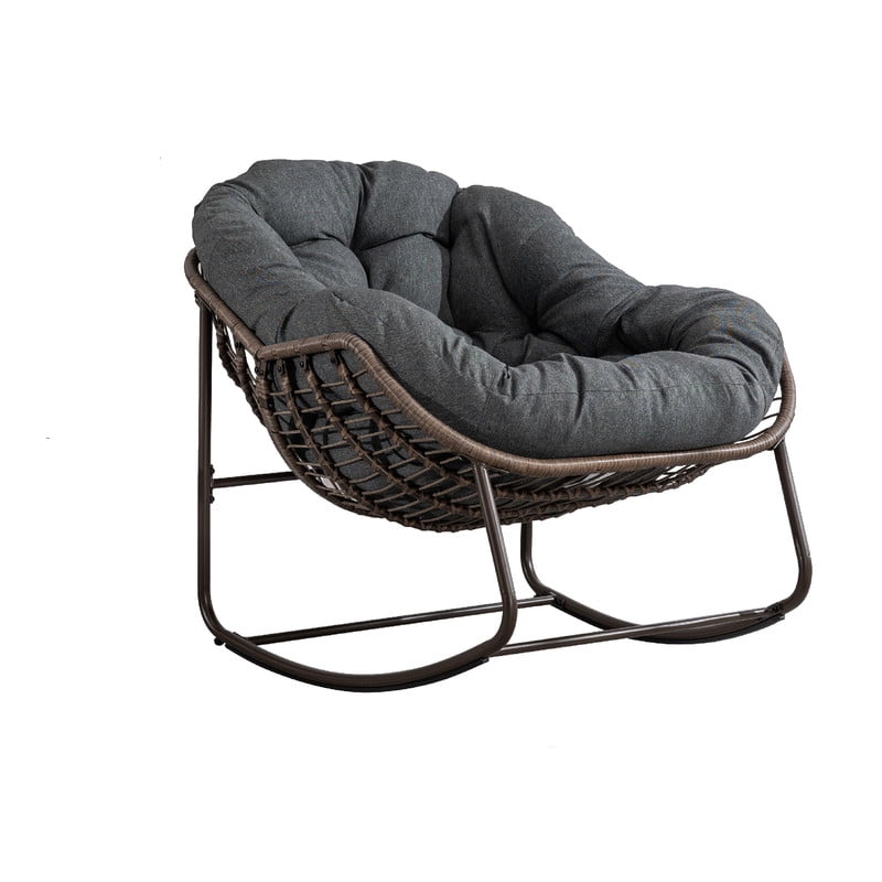Outdoor Rattan Rocking Chair, Rocking Papasan Chair with Thick Cushion, Comfy Wicker Egg Chairs Lounge Recliner Chair, Padded Cushion Rocker