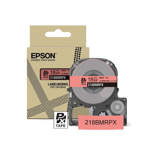 Epson LABELWORKS 218BMRPX - Black on Matte Red PET Label Maker Tape - 3/4" (18MM) Wide, 26'