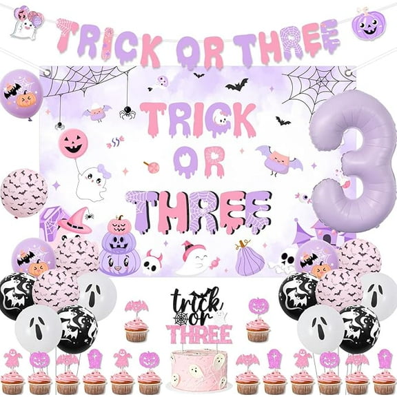 Halloween 3rd Birthday Decorations Pink and Purple Trick or Three Backdrop Banner Cake Cupcake Toppers Balloons Boo I Am Three Halloween Birthday Party Decoration for Girls