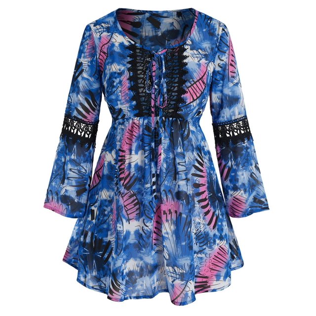 Más el tamaño de ganchillo Panel Impreso atan para arriba la blusa Rosegal Blusas Tallas Grandes