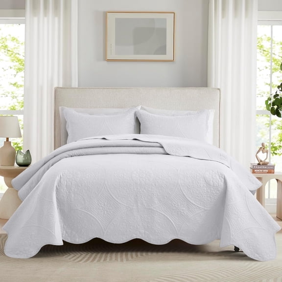 Ameha 3 Piece Reversible Quilt Set Ultra Soft Floral Coverlet Microfiber Bedding Set Queen White All Season