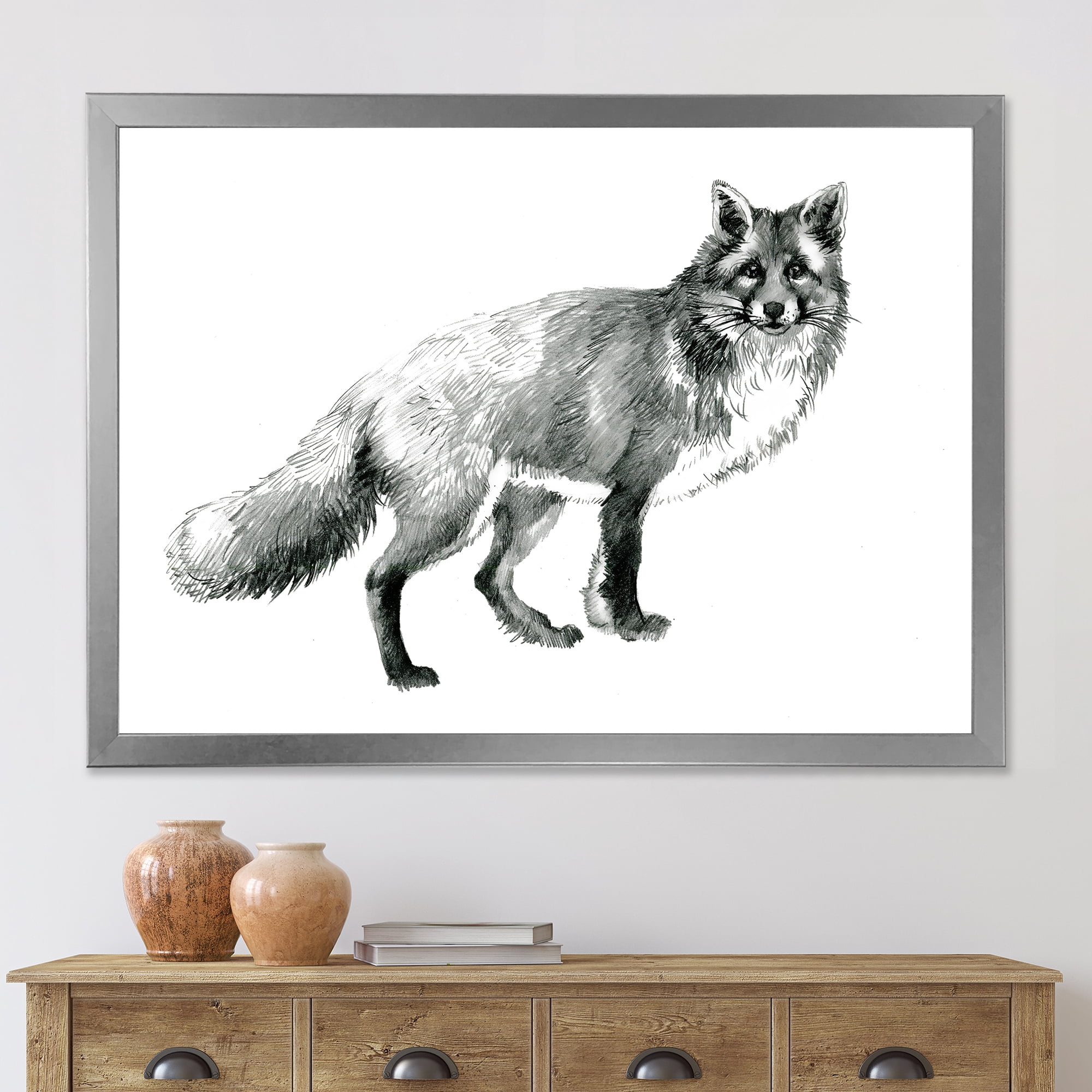 Designart 'Black and White Portrait Fox' Farmhouse Framed Art Print