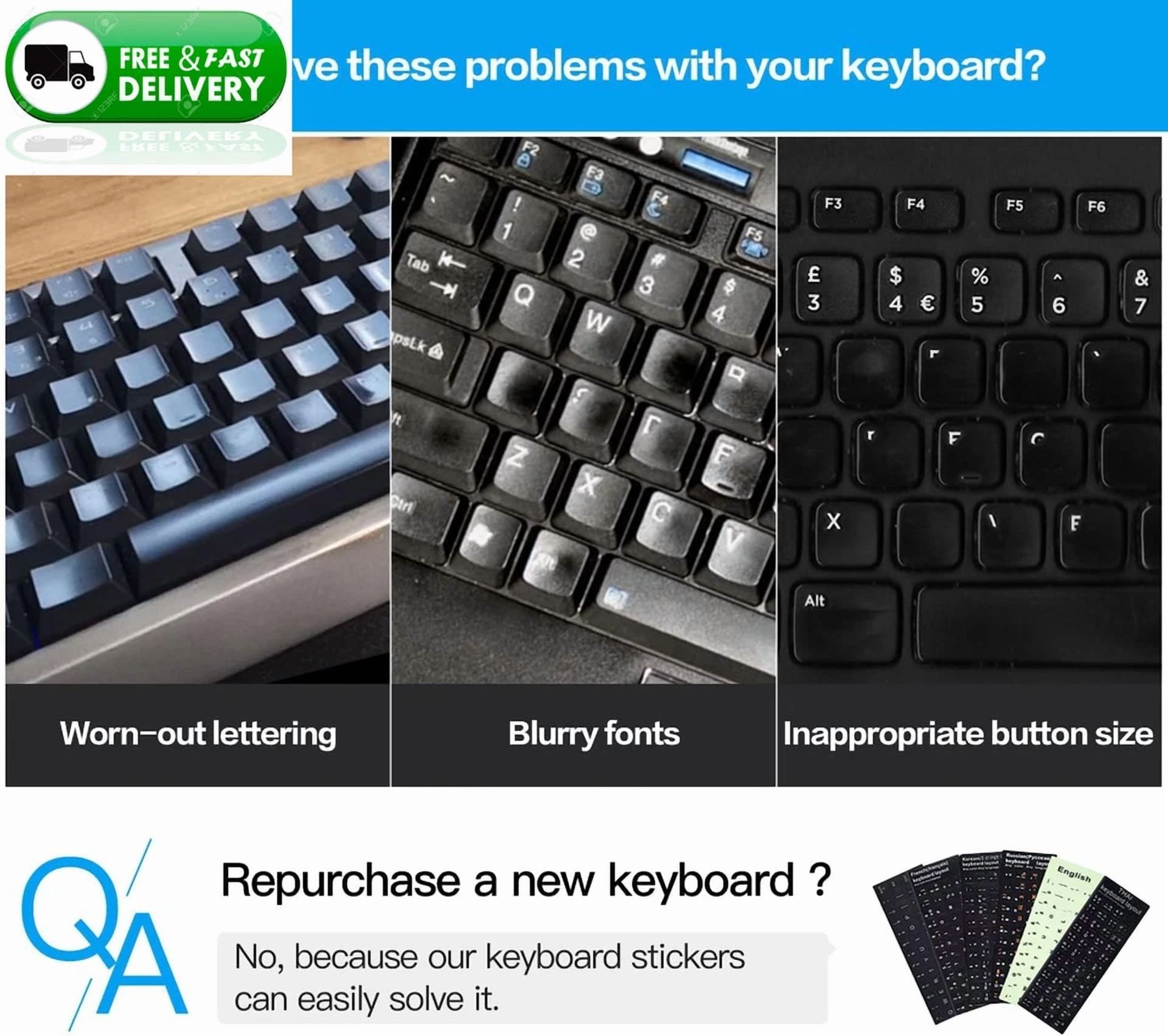 CRESTIN- 2 Pack English Keyboard Stickers Matte Black White Letters For Laptop Desktop