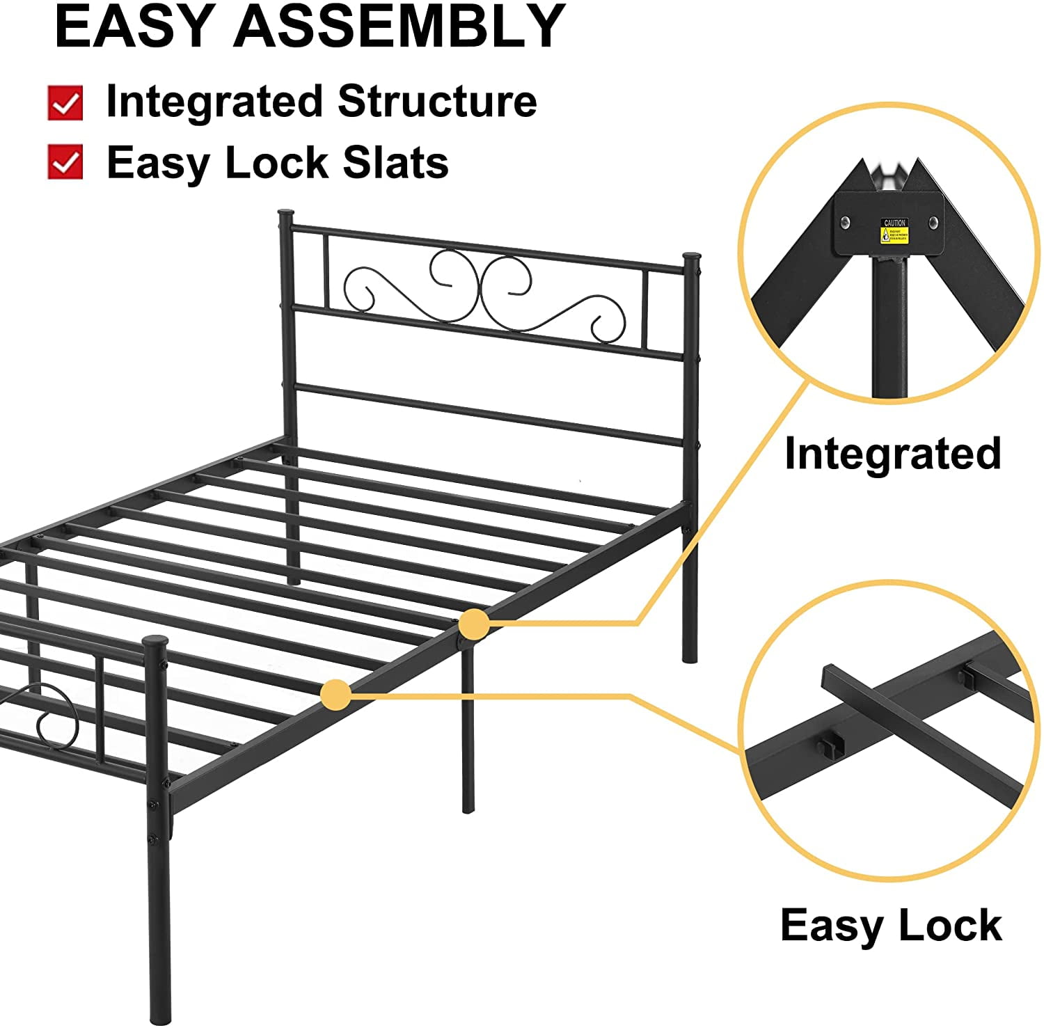 VECELO Twin Metal Platform Bed Frame, Mattress Foundation with Headboard & Footboard, Black