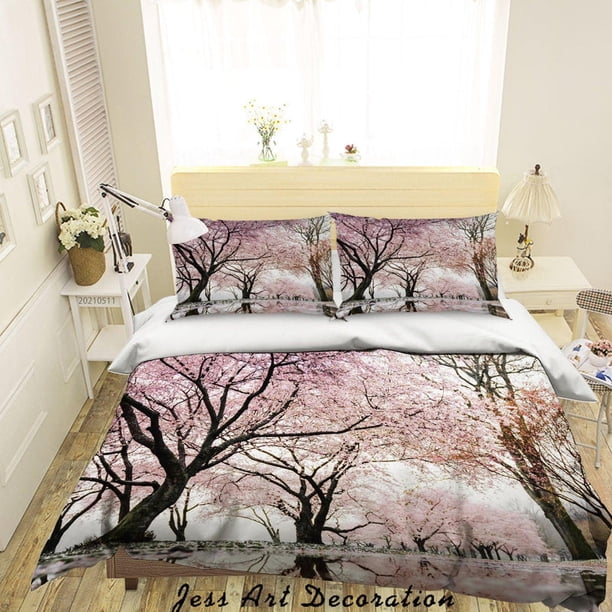 3D Rosa Flor de Cerezo Bosque Funda de edredón Conjunto de ropa de cama Conjunto de funda nórdica