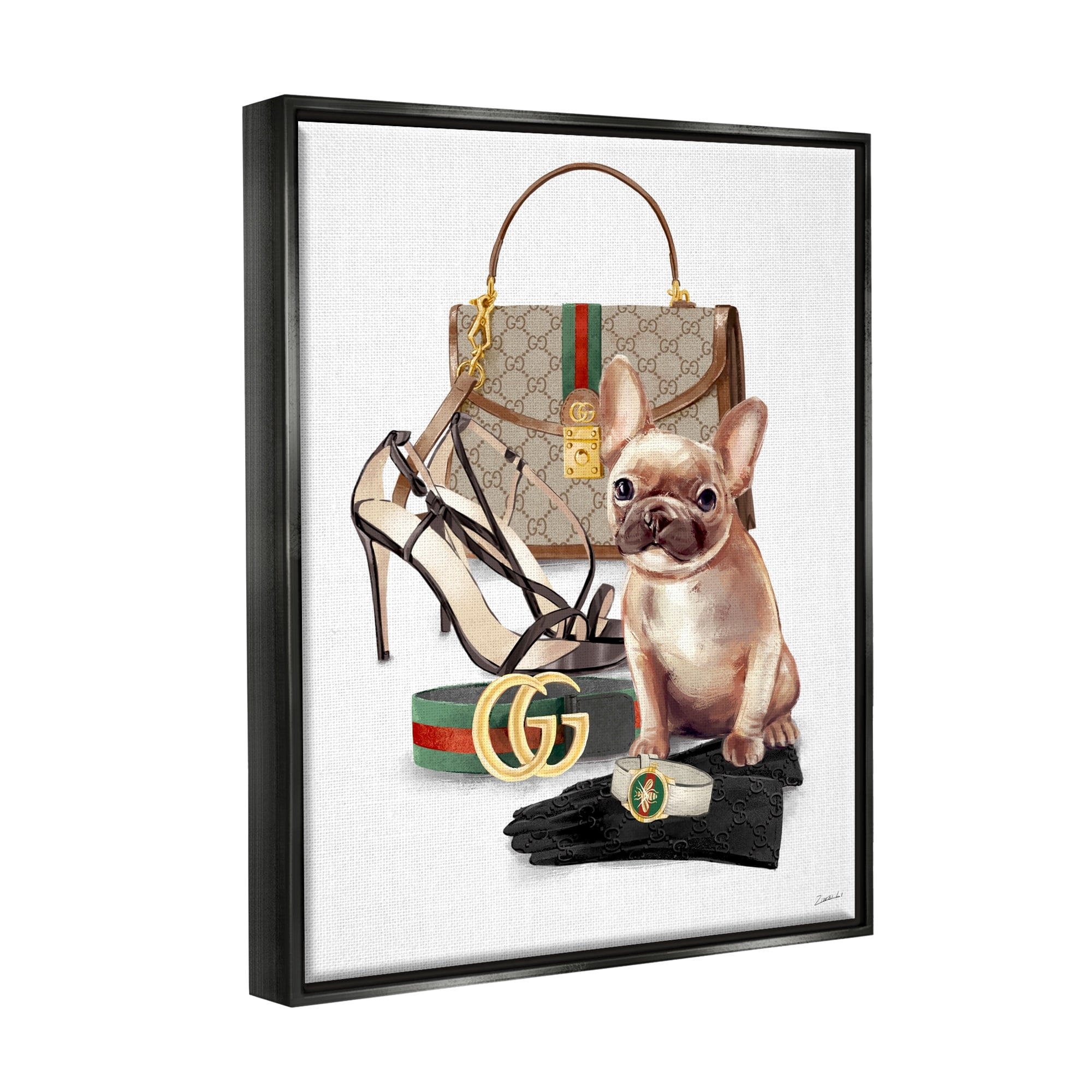 Stupell Industries Stylish Puppy Dog Designer Purse Shoes Accessories Jet Black Framed Floating Canvas Wall Art, 16x20, by Ziwei Li