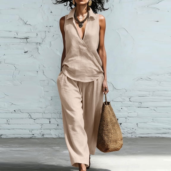 Cagogo Women's 2 Piece V Neck Sleeveless Shirt Wide Leg Pants Set Casual Solid Boho Vacation Outfits Loose Two Piece Lounge Matching Sets Tracksuits Travel Resort Wear Clothes, Khaki 2XL