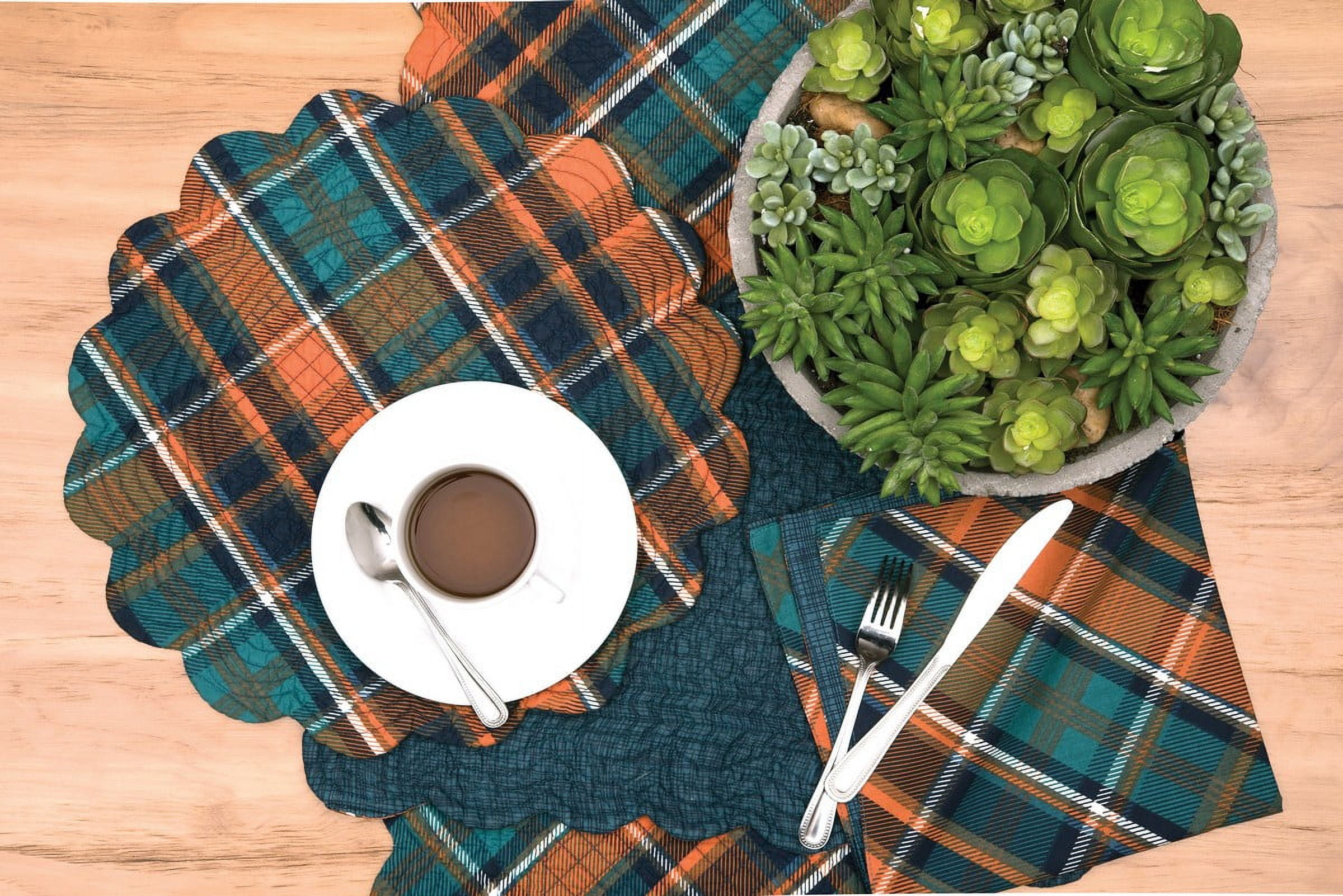 Troy Orange & Green Plaid Round 100% Cotton Set of 6 Placemats 17"