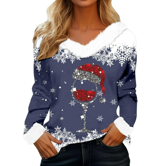 Women Christmas Outfit Festive Holiday Long Sleeve T-Shirt For Women Soft Comfortable Daily Wear Relaxed Fit Blouse Seasonal Celebration Cozy Outfit Blue 3XL