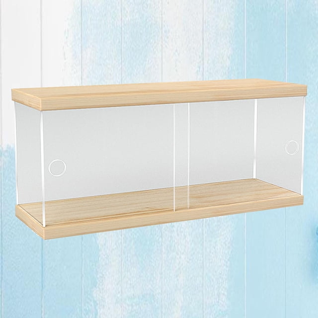 soporte exhibidor de acrílico, soporte , estante acrílico para , cupcake, postre, perfume, de uñas, m 1 nivel cuticat estuche de muestra Caja exhibidora acrílica CUTICAT 1 nivel, vista frontal centrada con base y tapa color madera clara y paneles transparentes; panel frontal con abertura push-pull circular visible y divisoria vertical, diseñada para mostrar y proteger figuras, joyas y coleccionables del polvo.
