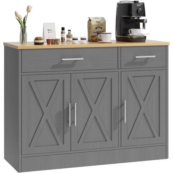 SUNLEI Kitchen Buffet Sideboard Cabinet, Wooden Storage Cabinet with 3 Doors & 2 Drawers, Modern Farmhouse Coffee Bar Cabinet with Storage for Living Room, Adjustable Shelf, Grey