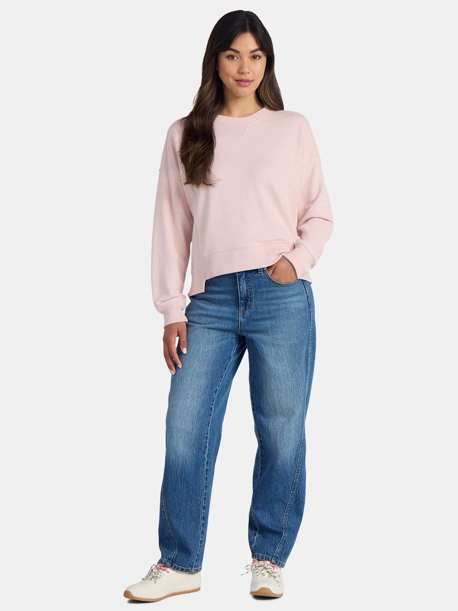 Time and Tru Women’s Ribbed Panel Sweatshirt with Long Sleeves, Sizes XS-XXXL