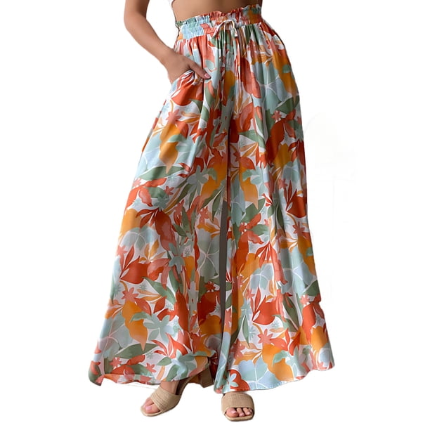 Pantalones Anchos de Pierna para Mujer, Pantalones Palazzo Florales Fluidos para Mujer, Pantalones Casuales de Verano de Cintura Alta. Estampados Coloridos XL