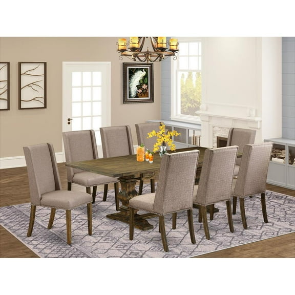 East West Furniture Lassale 9-piece Wood Dining Set in Jacobean Brown/Dark Khaki