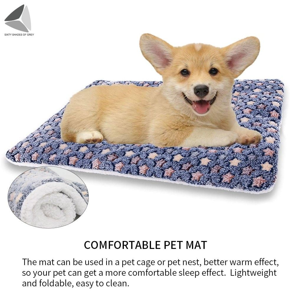 PULLIMORE Warm Soft Pet Dog Bed with Cute Prints, Reversible Fleece Crate Bed Mat Machine Washable For Small Medium Large Dog Cat (M, Blue)