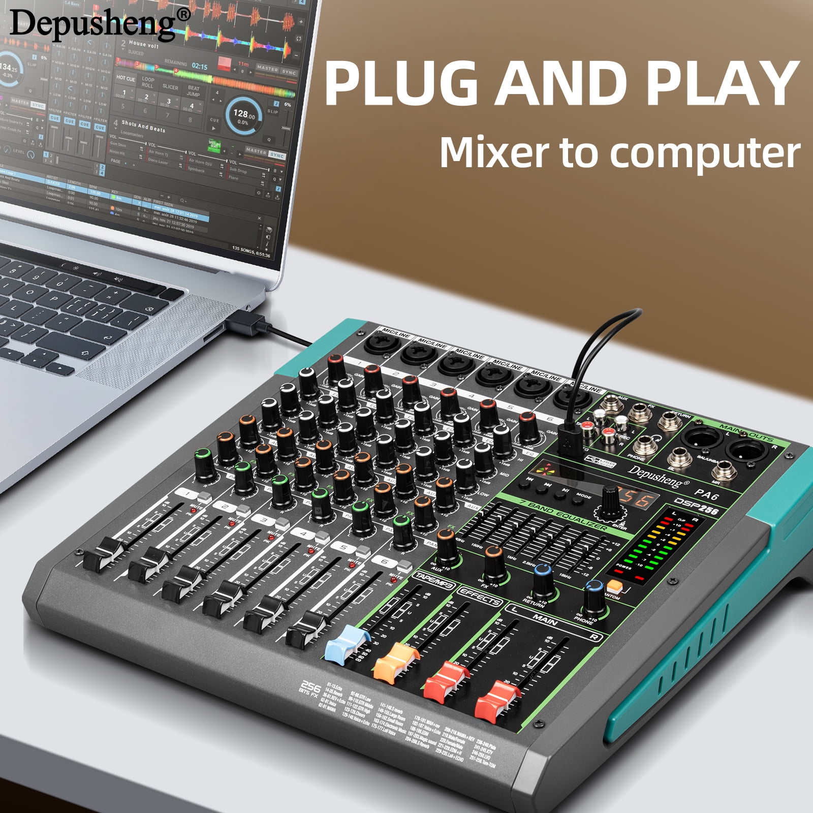 Depusheng Professional Audio Mixer 6-Channel Mixing Console with 256DSP USB & Bluetooth 48V Power for Professional and Beginners