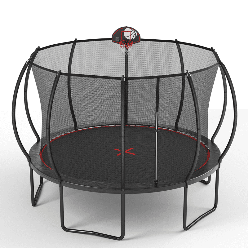 12FT Round Trampoline with Safety Enclosure Net & Basketball Hoop, Outdoor Backyard Trampoline for Kids, Black