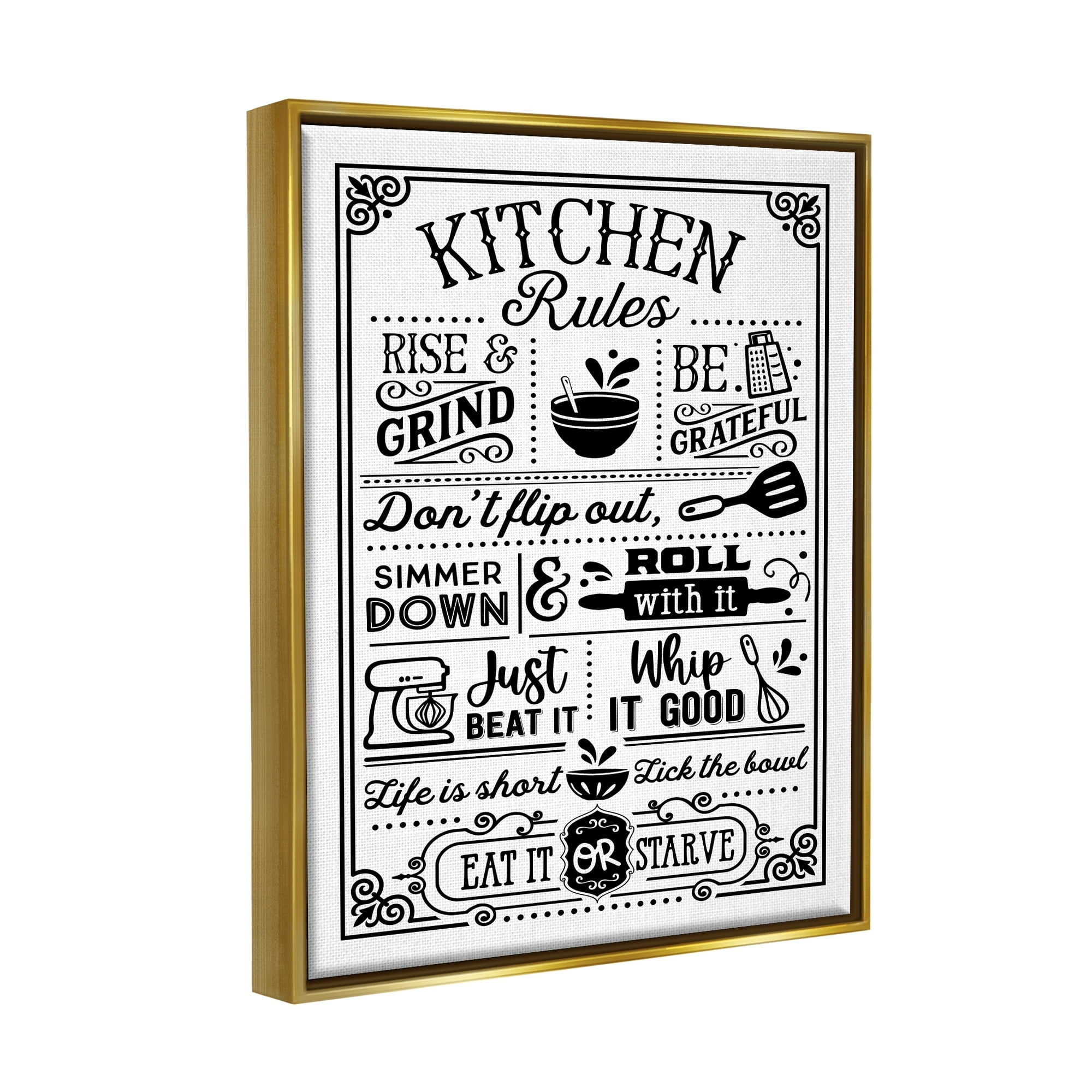 Stupell Industries Witty Kitchen Rules Vintage Border Motif Typography Graphic Art Metallic Gold Floating Framed Canvas Print Wall Art, Design by Lettered and Lined