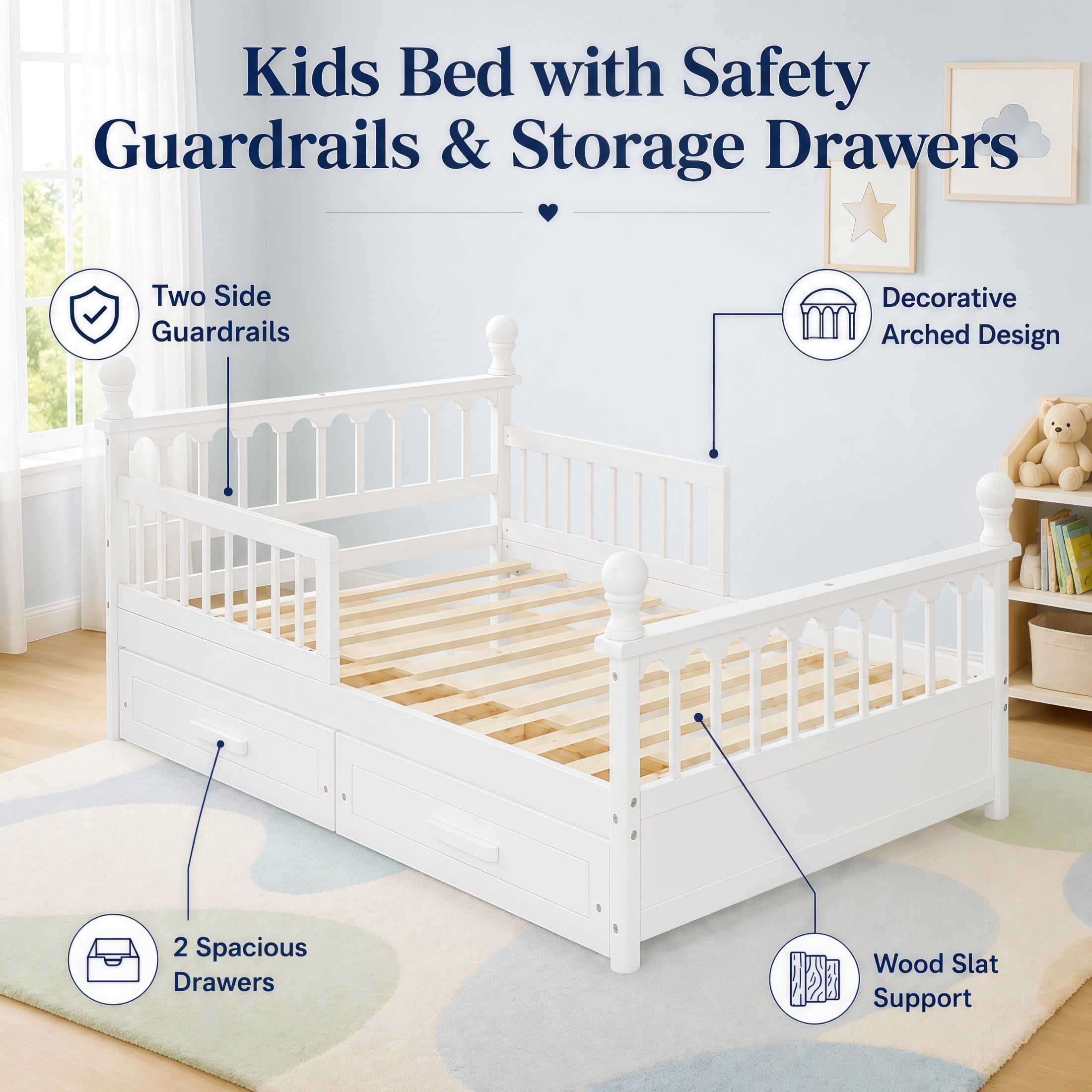 Noble House Orielle Full Kids Bed Frame with Storage Drawers, Low-Profile Platform Bed with Safety Guardrails, White