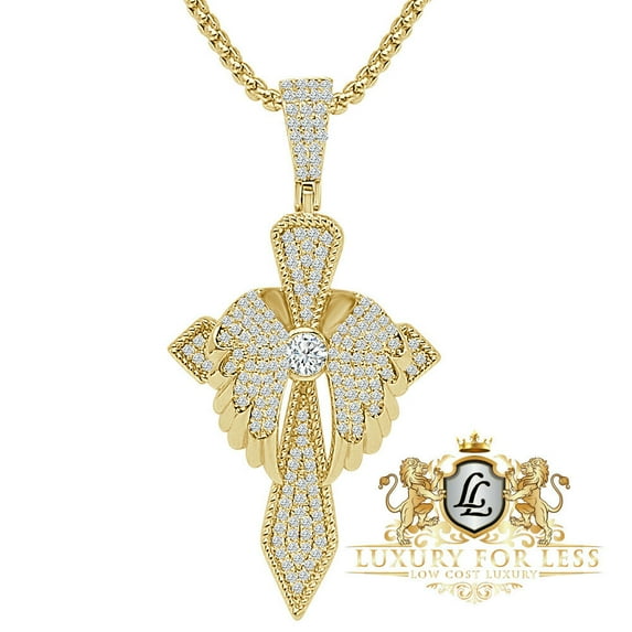 14K Gold Over Simulated Diamond Jesus Cross Angel Wings Charm Pendent Chain Set