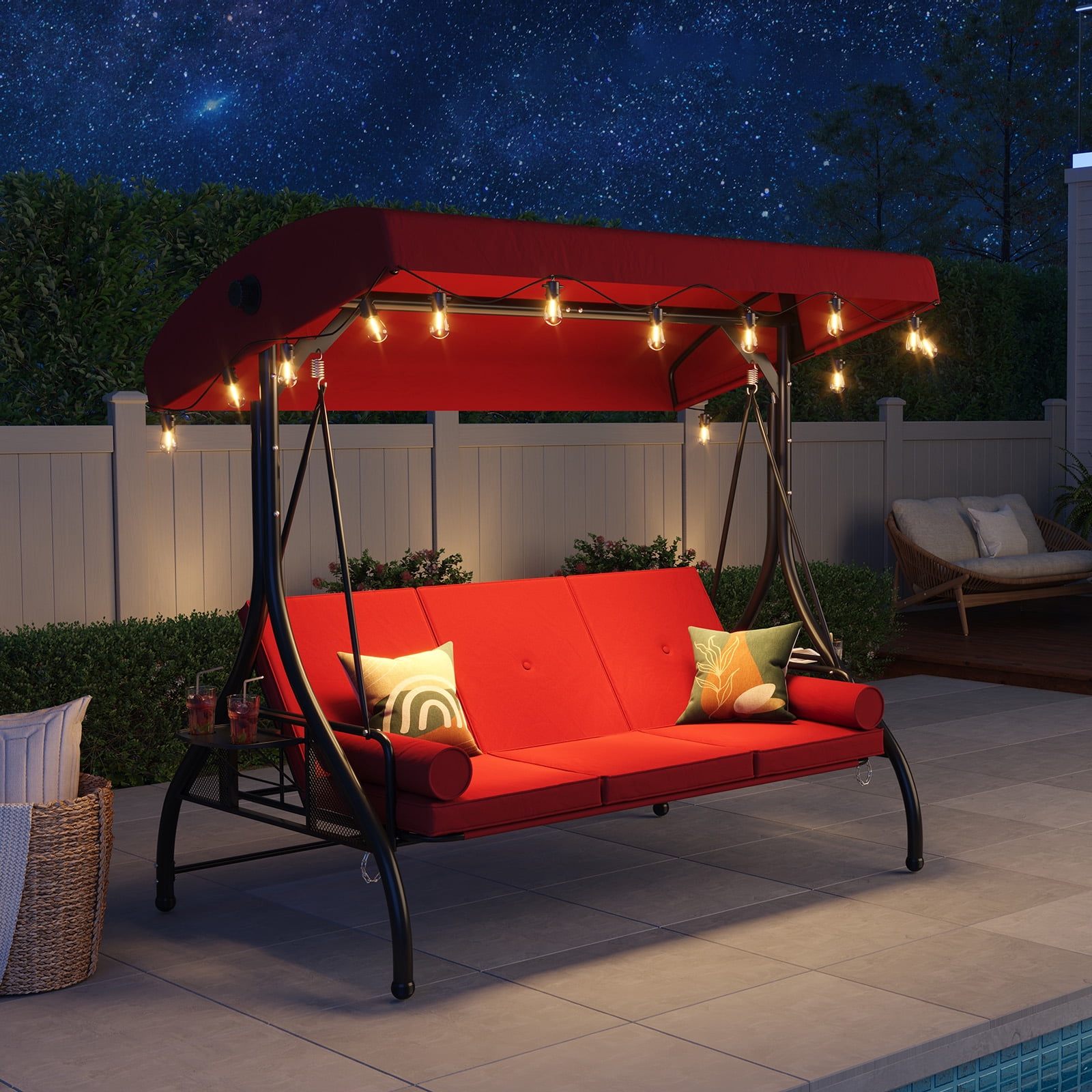 BaPiPro Red 3-Seat Metal Outdoor Patio Swing with String Lighting, 2-in-1 Convertible Swing Bed, Adjustable Canopy, Removable Cushions & Foldable Side Table for Garden Porch Deck