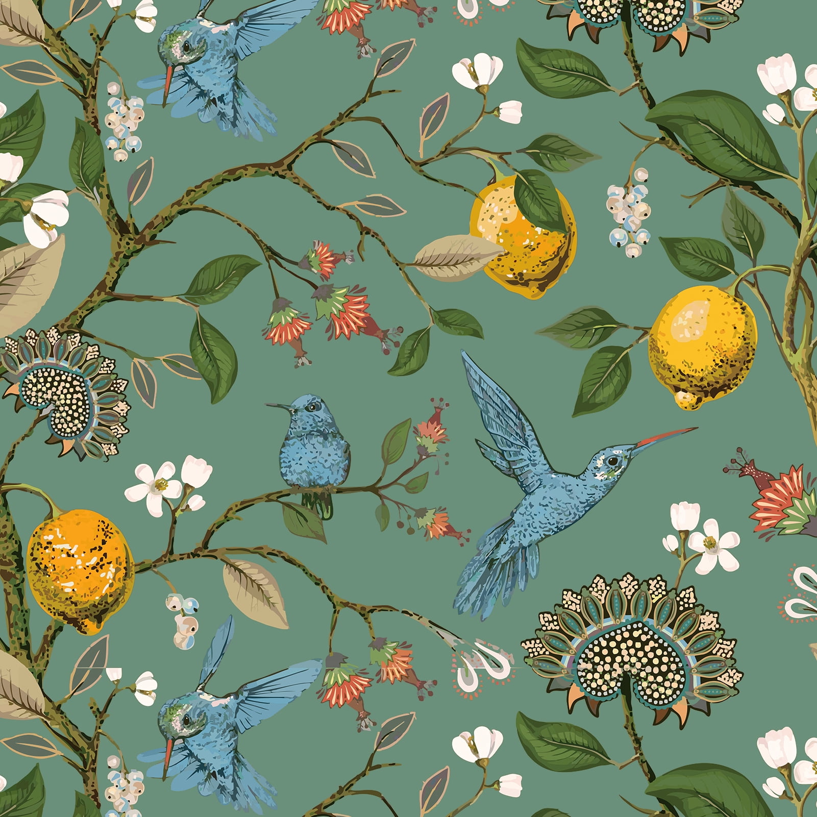 Topfinel Fancy Hummingbird Patterned Curtain,SageGreen Curtains for Living Room, Thermal Insulated Blackout Curtains for Bedroom, Floral Vintage Lemon Curtains 84 inch Length 2 Panels Set