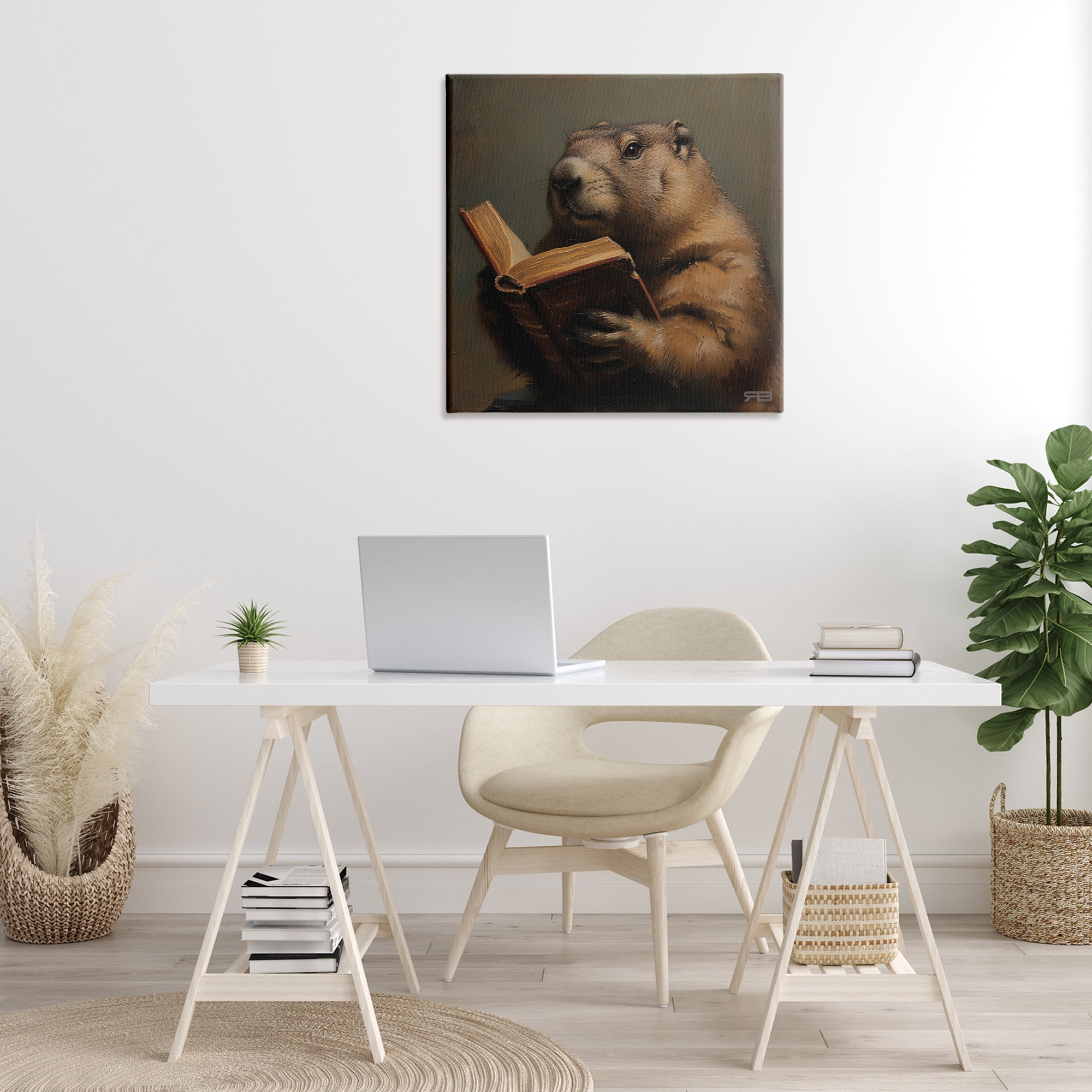 Stupell Industries Groundhog Reading Book Animals & Insects Painting Gallery Wrapped Canvas Art Print Wall Art, 30 x 30