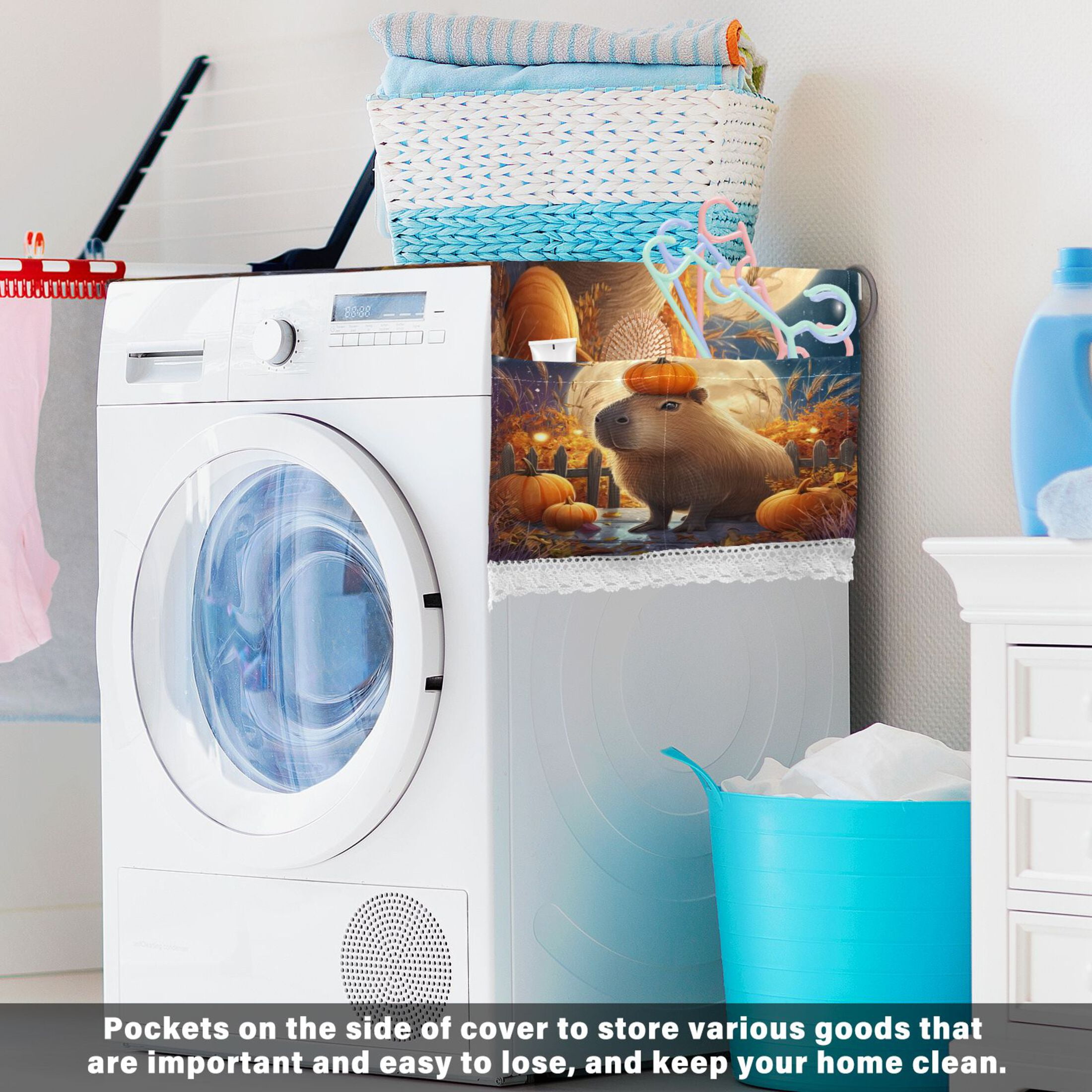 Dustproof Washing Machine Cloth Washer and Dryer Top Covers, Fridge Dust Cover, With Storage Bags Capybara with Pumpkins and Leaves