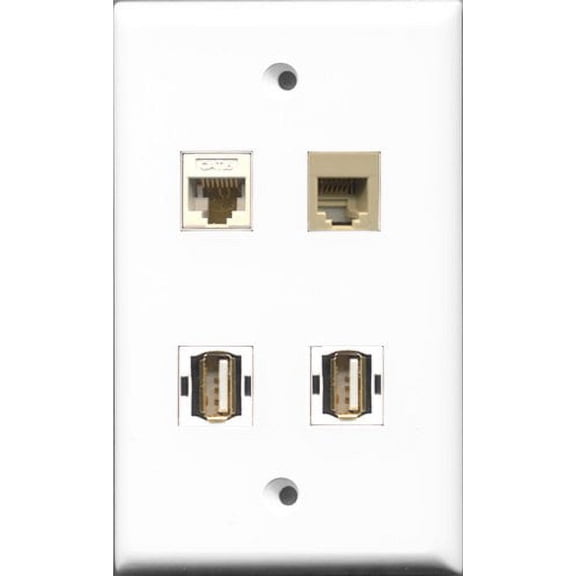 RiteAV - 2 Port USB A-A and 1 Port Phone RJ11 RJ12 Beige and 1 Port Cat6 Ethernet White Wall Plate