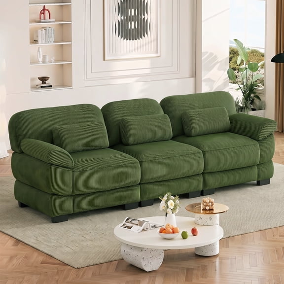 Cloud Couch Oversize 3-Seater Sofa, Modern Sleek Minimalist Modular Sectional Couch, Comfy Thick Seat Cushions, Breathable Corduroy Fabric, Green for Living Room Bedroom Apartment