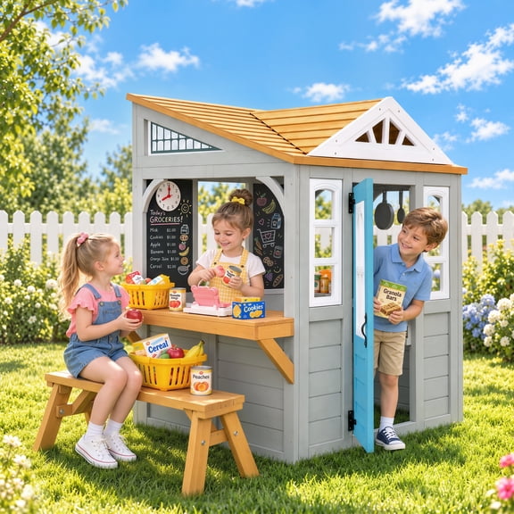 Funride Wooden Grocery Store Playhouse for Kids, Outdoor Pretend Playhouse with Juice Maker, Cash Register, Toy Fruits & Vegetables, Ages 3
