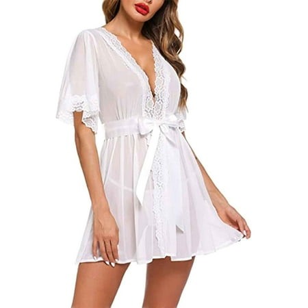 

LEVEFORD Women Lace Kimono Robe Babydoll Lingerie Mesh Chemise Nightgown Cover Up