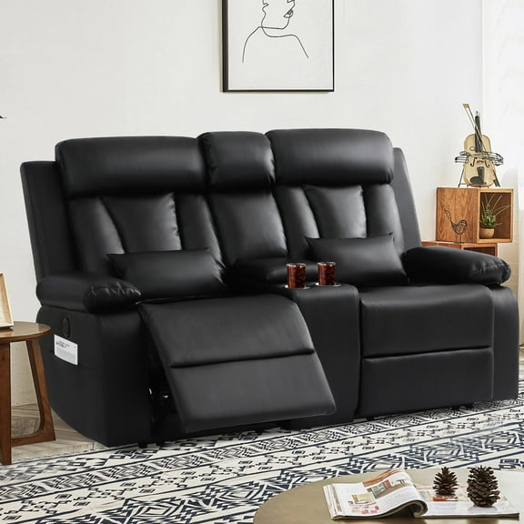 Power Reclining Loveseat with Console, Power Loveseat Recliner Sofa with Lumbar Pillow, USB,Type-c Ports, Eelctric Reclining Couch with Cup Holders for Living Room(Black, Loveseat)