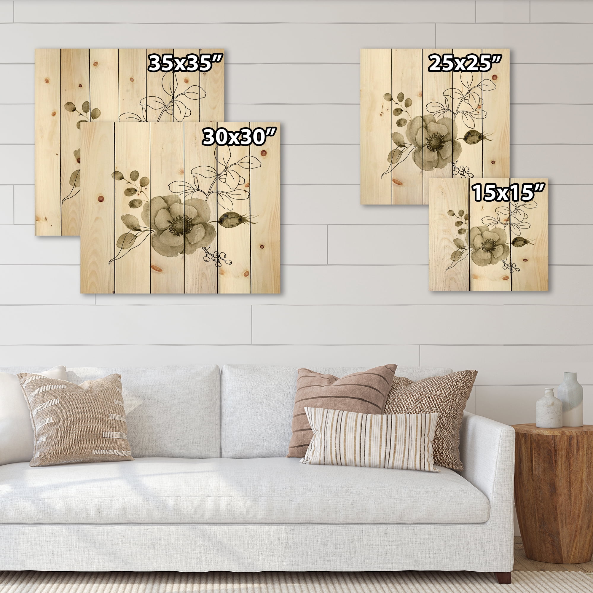 Designart 'Eucalyptus Branches With Anemone Bouquet Flower II' Traditional Print on Natural Pine Wood
