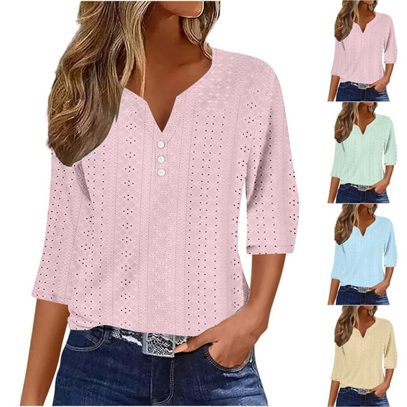 Jinhomg Women's Long Sleeve Shirts V Neck Eyelet Embroidered Blouse Casual Loose Solid Color Tops Trendy Tunic Blouses Pink,M