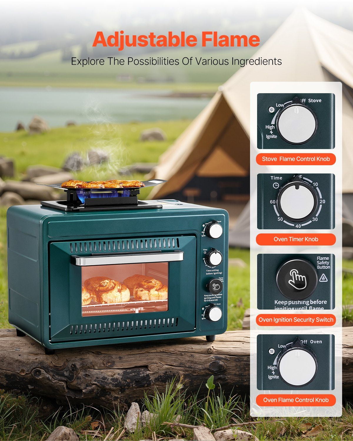 2 in 1 Portable Outdoor Gas Camping Stove Oven Combo Adjustable Fire Windproof 60 Minute Timer with Grill Shelf Roasting Tray for Backyard Picnic Camping Gear