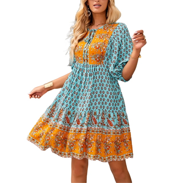 Txlixc, vestido de media manga para mujer, estampado Floral Vintage, botón, vendaje, verano, bohemio, vacaciones, vestido de fiesta, ropa de calle Txlixc Casual