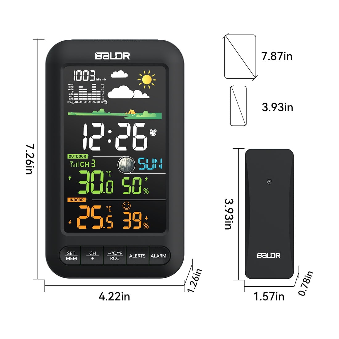 BALDR Wireless Weather Station with Large Clear Display, Indoor Outdoor Thermometer, Remote Sensor, Atomic Clock, Black